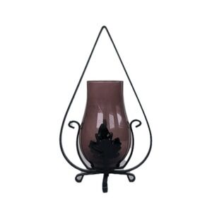 Black Metal Hanging Candle Holder W/Purple Glass Hurricane Footed Vintage Boho